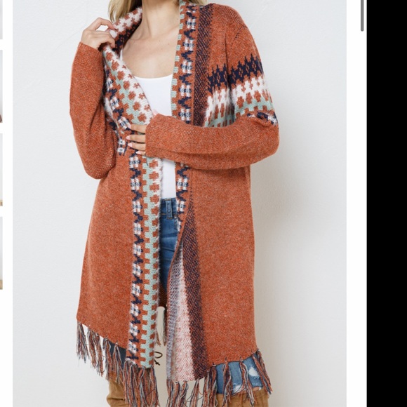 HPππ NEW Aztec Fringe Long Sleeve Fuzzy Open Long Cardigan - Picture 5 of 10